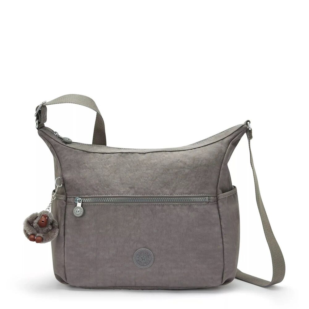 Kipling Alenya Cool Gray Tonal Nylon Water Resistant Crossbody Bag Monkey Charm